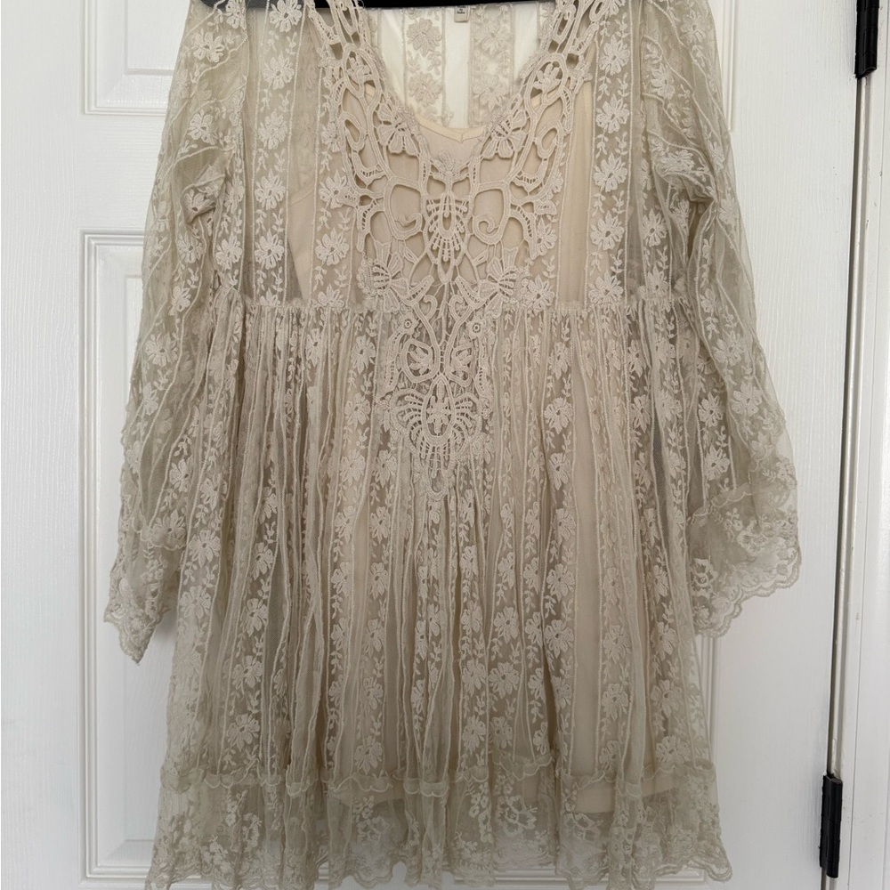 Cream boho bell sleeve dress slip & overlay